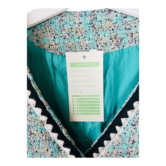 NWT LifeShe Tweed Jackie Button Up V Neck Short Sleeve Mini Dress Blue Lined L - Picture 7 of 14